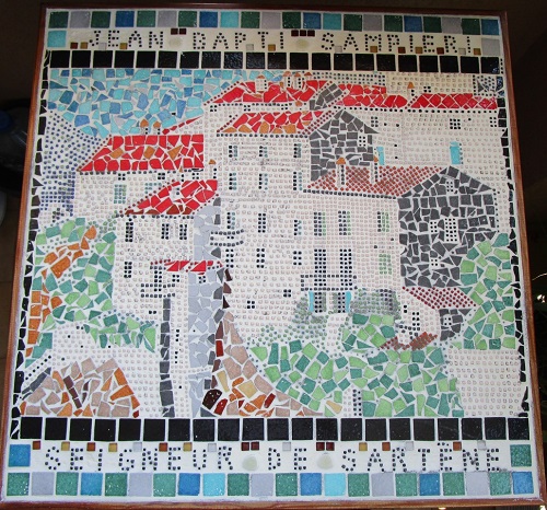 Tableau en mosaïque représentant la ville corse de Sartène fait en micro-cubes de verre et Emaux de Briare Harmonie